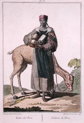 Peruaanse Indiaan, gegraveerd door Juan de la Cruz (gekleurde gravure)