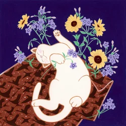 Speelse kat en zonnebloemen