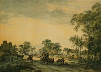 Een koets en figuren op een open landweg