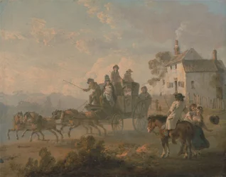 Een postkoets op een landweg