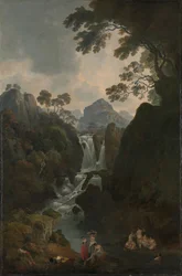 Een waterval met baders