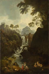 Een waterval met baders