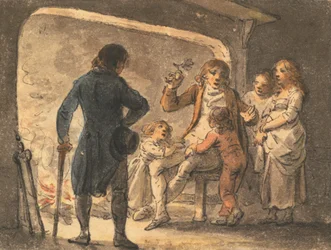 Het vuur in de haard, de vader vertelt zijn kinderen de geschiedenis