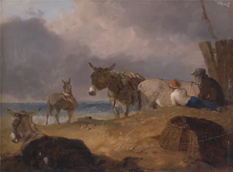 Ezels en figuren op een strand