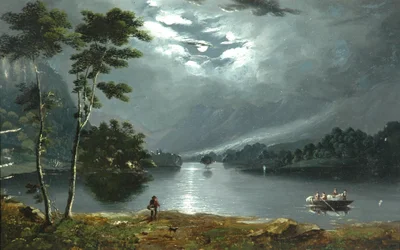 Veerboot, Windermere, kijkend naar het noorden en het meer bij maanlicht