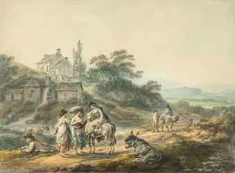 Figuren op een pad bij een molen