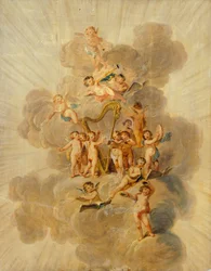 Gevleugelde cherubijnen met muziekinstrumenten, sectie van de decoratieve rand van de muziekkamer, Kenwood House, Londen