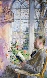 "In de veranda" Een man die een boek leest, een kooi waar een vogel aan hangt. Schilderij van Julius Gari Melchers (1860-1932)