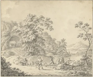 Landschap met een schuitje waarin een schapenherder met zijn kudde