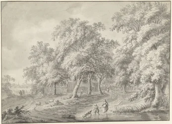 Landschap met moeder en kind met hond wadend door een poel