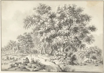 Landschap met zittende man met hond en wandelaars op landweg