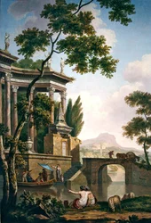 Arcadisch landschap met een grafmonument