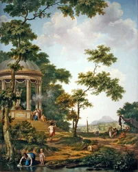 Arcadisch landschap met een tempel