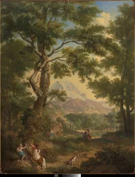 Arcadisch landschap met kinderen, een vogel en een hond