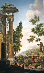 Arcadisch landschap met klassieke ruïnes en figuren aan een rivier