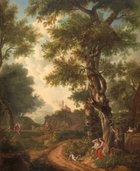 Arcadisch landschap met reizigers