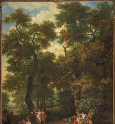 Arcadisch landschap met musicerende en dansende herders
