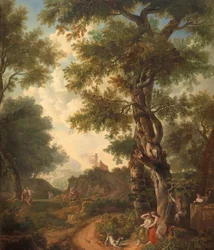 Arcadisch landschap met reizigers