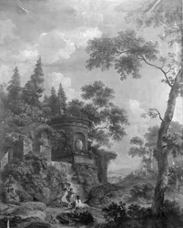 Behangsel met Arcadisch landschap, behorend bij de zaal van de Herengracht 40