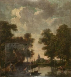 Behangsel met Hollands landschap, behorend bij de zaal van de Nieuwe Doelenstraat 22