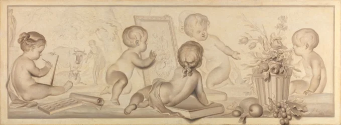 Zes Putti met bloemen en vruchten en attributen van de tekenkunst
