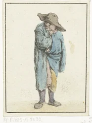Staande boer met hand en arm in zijn mantel