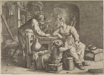 Interieur met een rokende boer, een vrouw en een jongen
