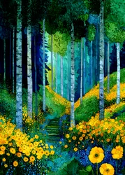 Pad door het bos met gele bloemen