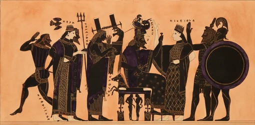 Afdruk van de decoratie op een Griekse amphora, met Hephaestus, Hera, Poseidon..., ca. 1844