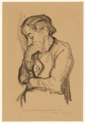 Halffiguur van een vrouw die met haar rechterhand haar mond bedekt