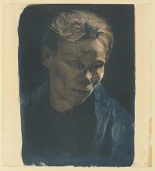 Halffiguurportret van een vrouw uit de arbeidersklasse met een blauwe sjaal