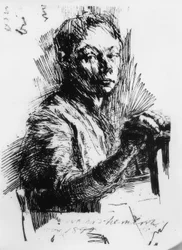 Käthe Kollwitz, zelfportret, tekenend
