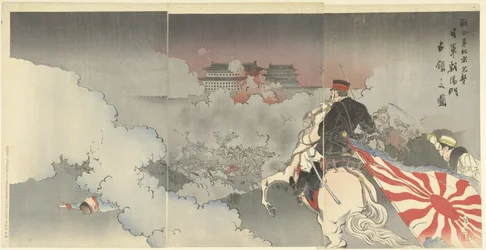 De geallieerde troepen vallen Peking aan; de Japanse troepen voor de poort van Chaoyang.
