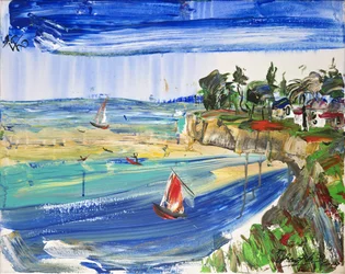 Kleurrijke zeilboten aan de kust
