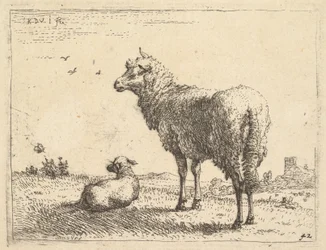 Een volwassen schaap in driekwart zicht staand en naar links kijkend, naast een liggend lam, ca. 1655