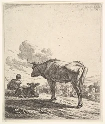 Koeherder met koe en kalf op een heuvel, de koeherder van achteren gezien en zittend, 1658