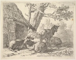 Vier schapen, een schaap staat tussen drie anderen die op de grond liggen naast een schuur, 1658