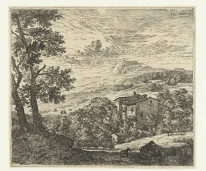 Heuvellandschap met huizen en ezel en twee schapen