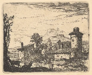 Landschap met twee gehoornde geiten in de schaduw op de linker voorgrond, dorpsgebouwen daarachter, ca. 1641-78.