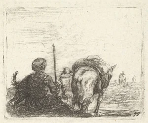 Pakpaard, zittende man met staf in rechterhand, en hond, allemaal van achteren gezien..., ca. 1641-78