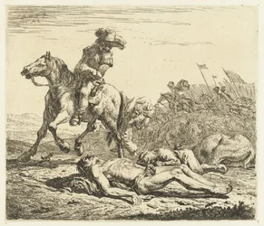 Slagveld met soldaat te paard en twee doden
