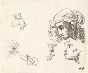 Studie van hoofden in profiel, een vrouw met hoofddoek en een bebaarde man wiens hoofden ..., ca. 1641-78