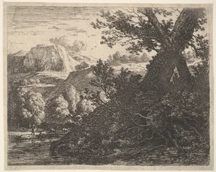 Boom met blootliggende wortels langs een stroom, een heuvelachtig landschap en een man die erachter loopt, 1659