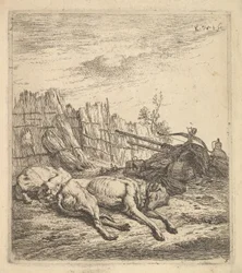 Twee honden slapend op de grond, een ploeg, landbouwgereedschap, bundels stro, en een..., ca. 1641-78