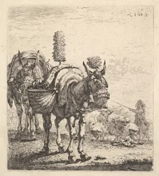 Twee muilezels met manden en uitgerust met oogkleppen, pluimen en kwasten, één muil..., ca. 1641-78