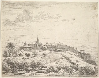 Ommuurd dorp op een heuvel, met kerk links en gebouwen gebouwd op de helling, 1658