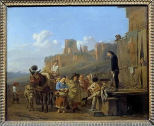 De Italiaanse charlatans Marchand ambuland die drugs verkochten op openbare pleinen. Schilderij door Karel Dujardin (1621-1678) 1657