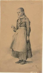 Meisje in boerenkleding (recto); Blad met schetsen: Vrouwen en meisjes (verso)