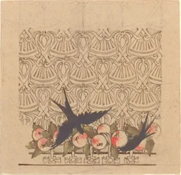 Ornamentaal Ontwerp met Twee Vogels die aan Fruit Pikken