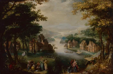 Vondst van Mozes met een Elegant Koppel, Dienaar en Jager